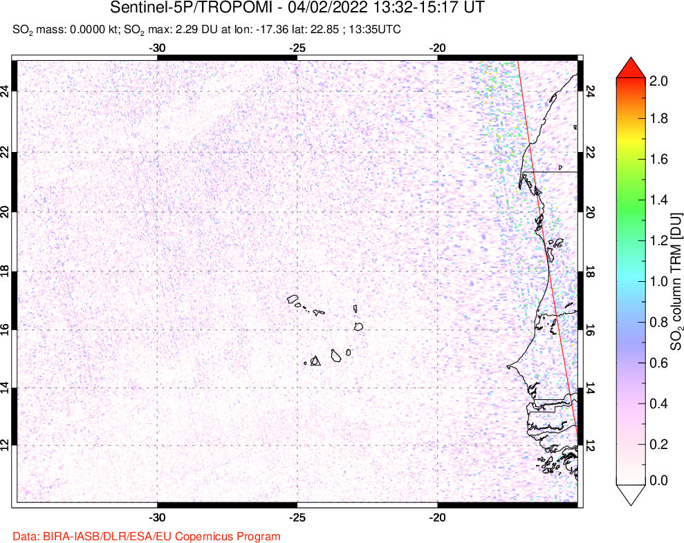 A sulfur dioxide image over Cape Verde Islands on Apr 02, 2022.