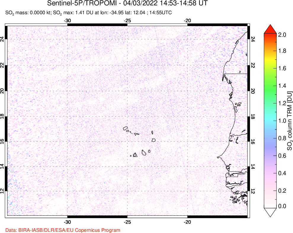 A sulfur dioxide image over Cape Verde Islands on Apr 03, 2022.