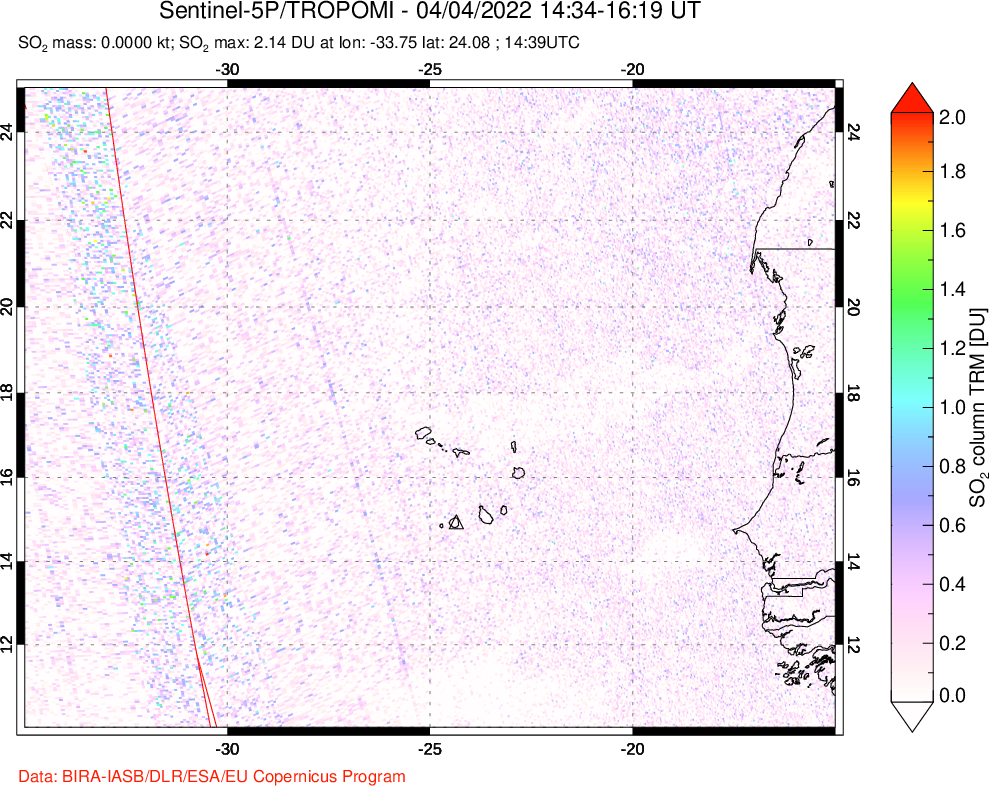 A sulfur dioxide image over Cape Verde Islands on Apr 04, 2022.