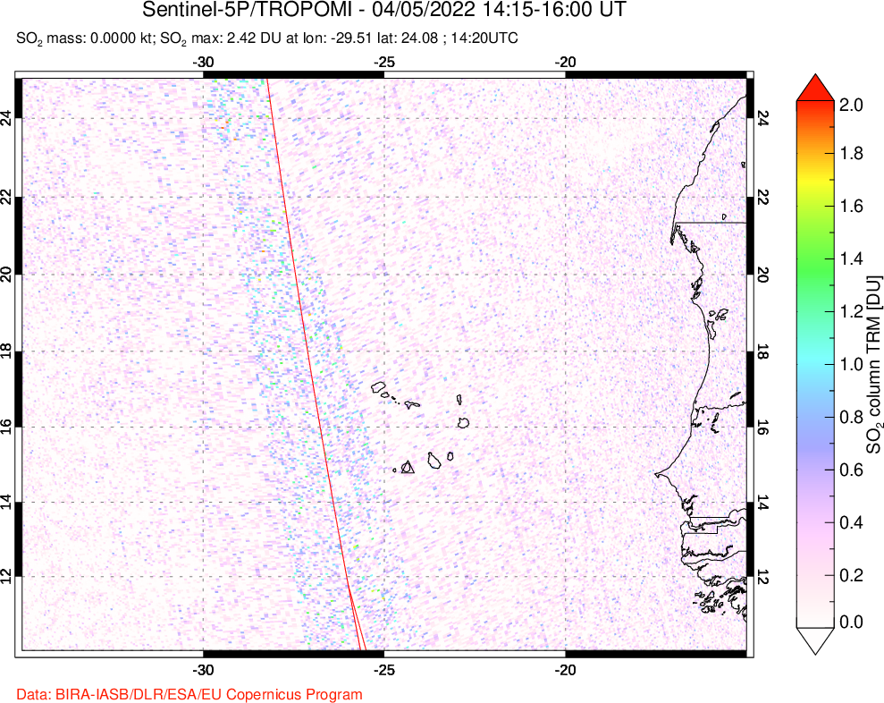 A sulfur dioxide image over Cape Verde Islands on Apr 05, 2022.