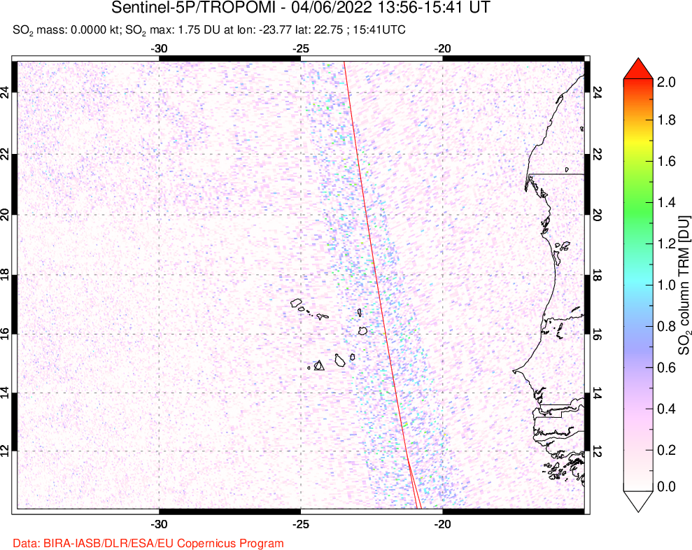 A sulfur dioxide image over Cape Verde Islands on Apr 06, 2022.