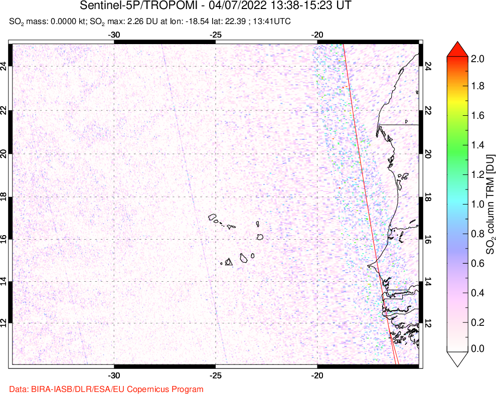 A sulfur dioxide image over Cape Verde Islands on Apr 07, 2022.