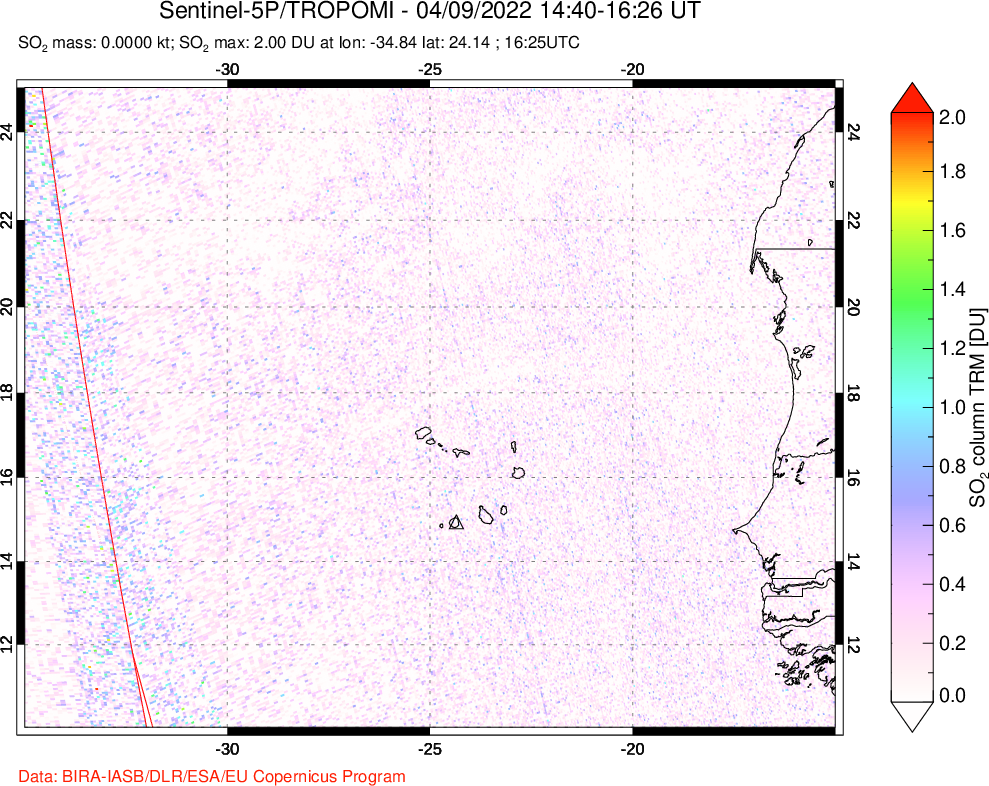 A sulfur dioxide image over Cape Verde Islands on Apr 09, 2022.