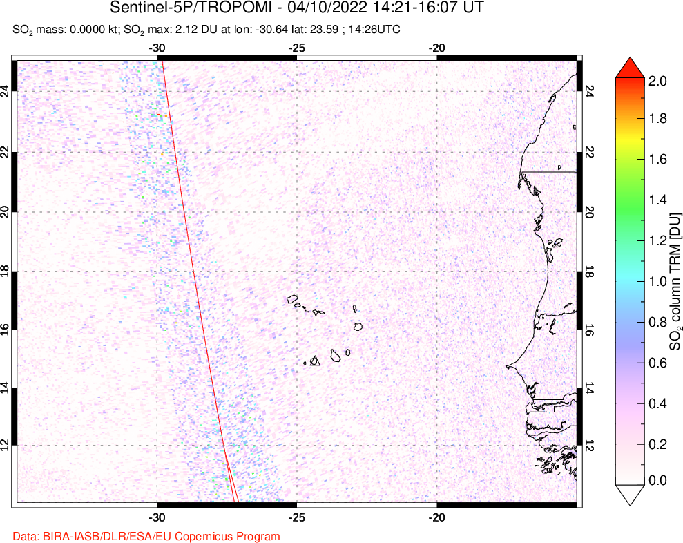 A sulfur dioxide image over Cape Verde Islands on Apr 10, 2022.