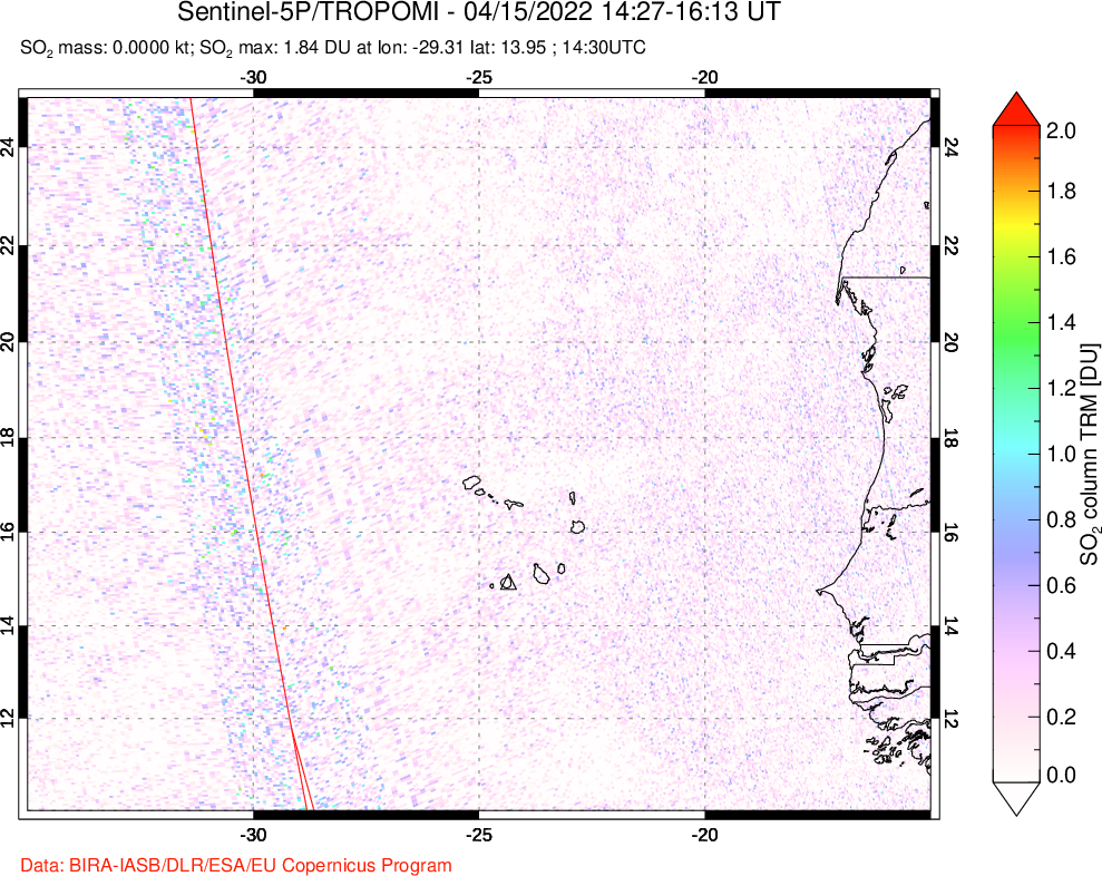 A sulfur dioxide image over Cape Verde Islands on Apr 15, 2022.