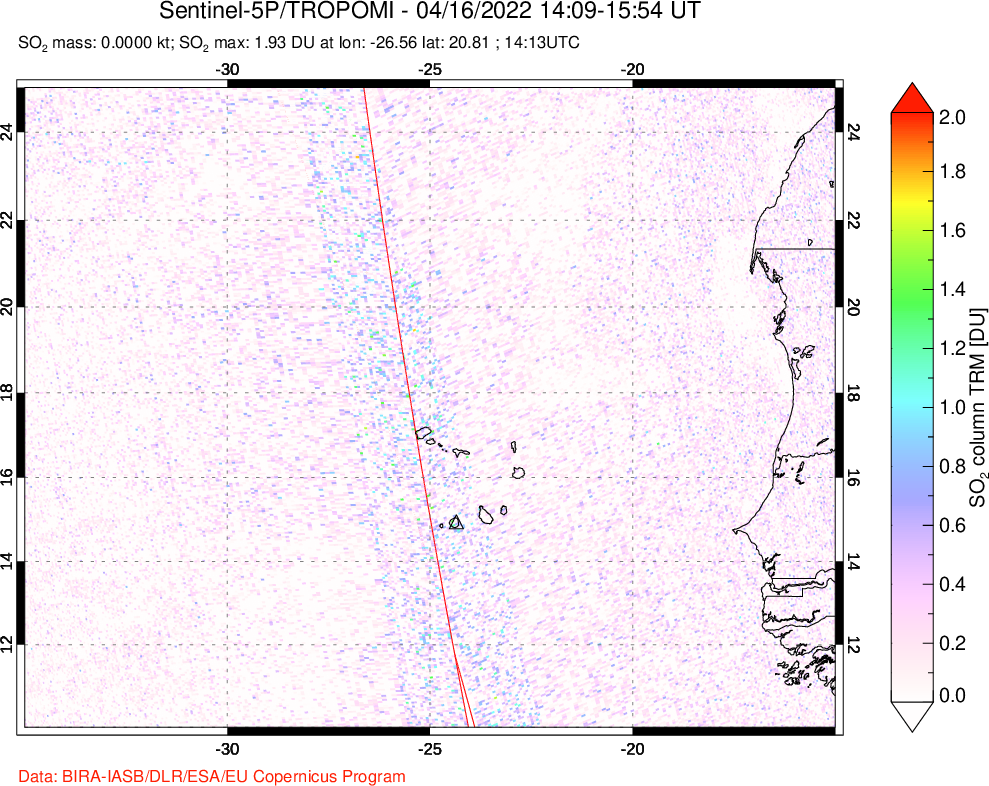 A sulfur dioxide image over Cape Verde Islands on Apr 16, 2022.