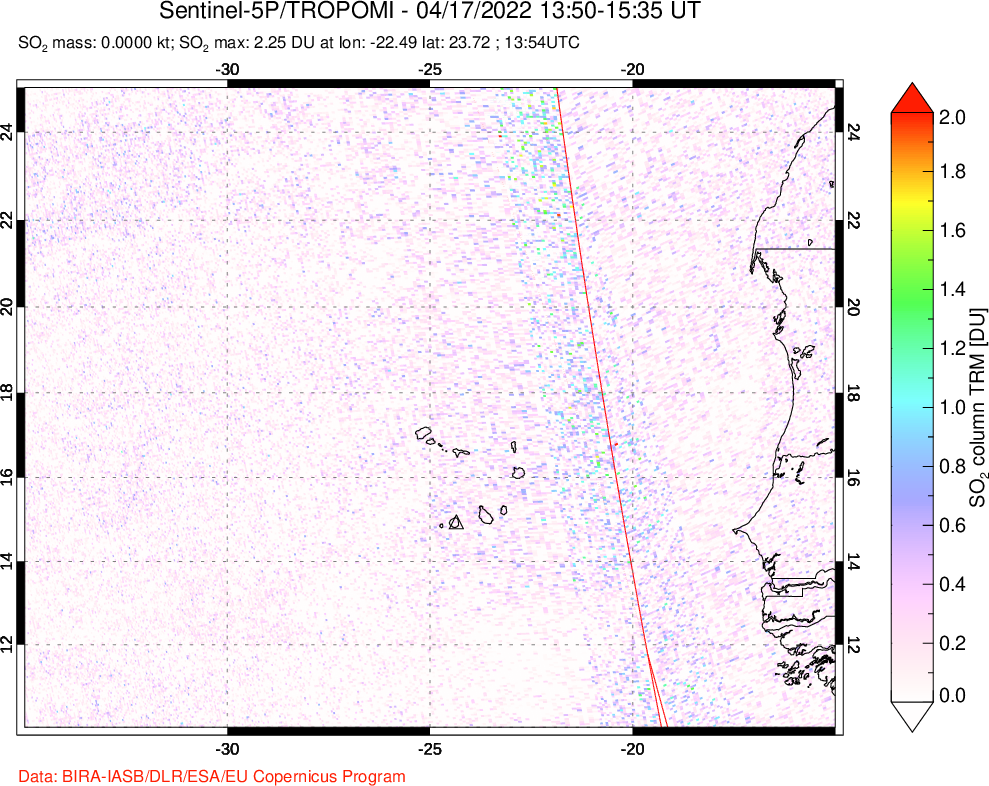 A sulfur dioxide image over Cape Verde Islands on Apr 17, 2022.