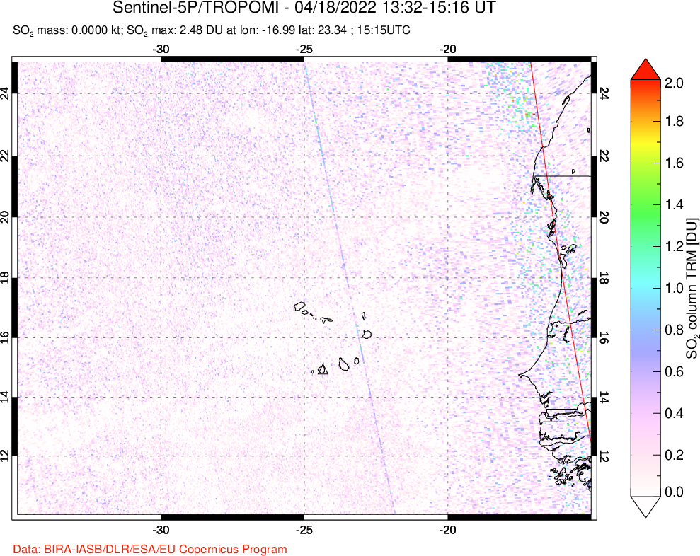 A sulfur dioxide image over Cape Verde Islands on Apr 18, 2022.