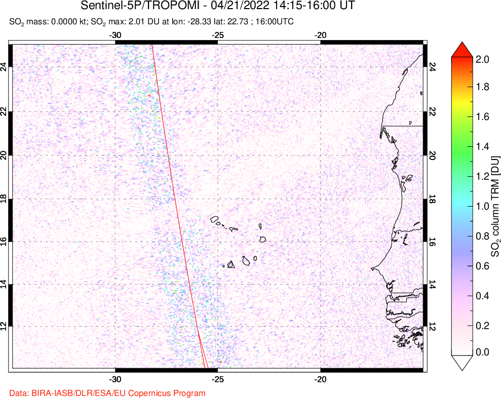 A sulfur dioxide image over Cape Verde Islands on Apr 21, 2022.