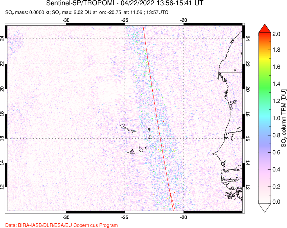 A sulfur dioxide image over Cape Verde Islands on Apr 22, 2022.