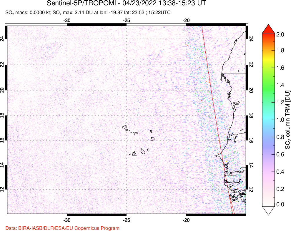 A sulfur dioxide image over Cape Verde Islands on Apr 23, 2022.