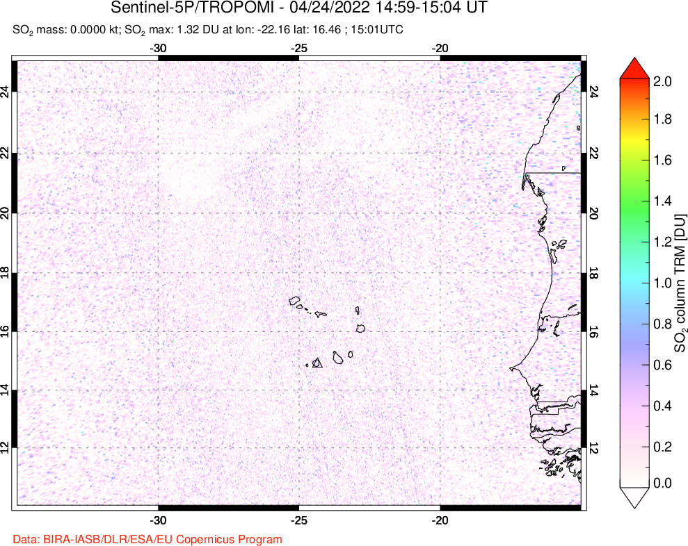 A sulfur dioxide image over Cape Verde Islands on Apr 24, 2022.