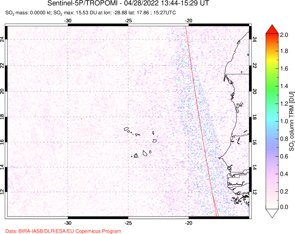 A sulfur dioxide image over Cape Verde Islands on Apr 28, 2022.