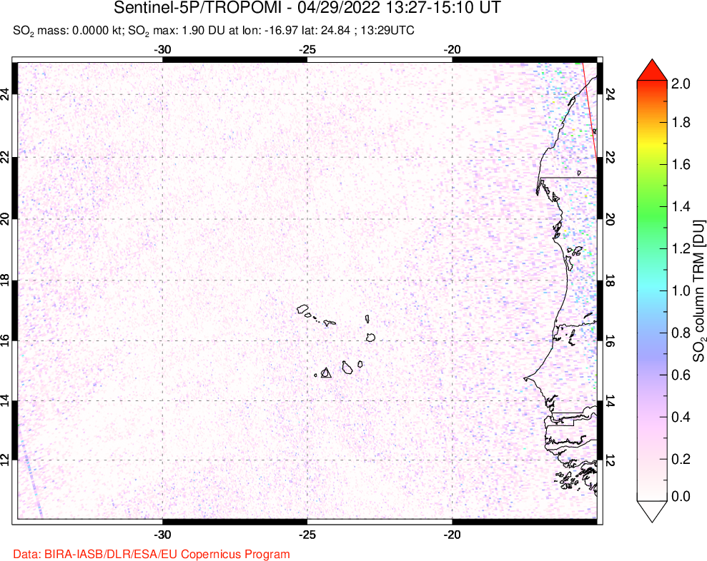 A sulfur dioxide image over Cape Verde Islands on Apr 29, 2022.