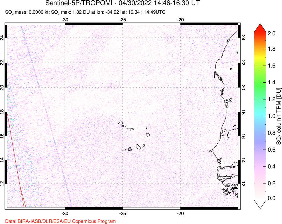A sulfur dioxide image over Cape Verde Islands on Apr 30, 2022.