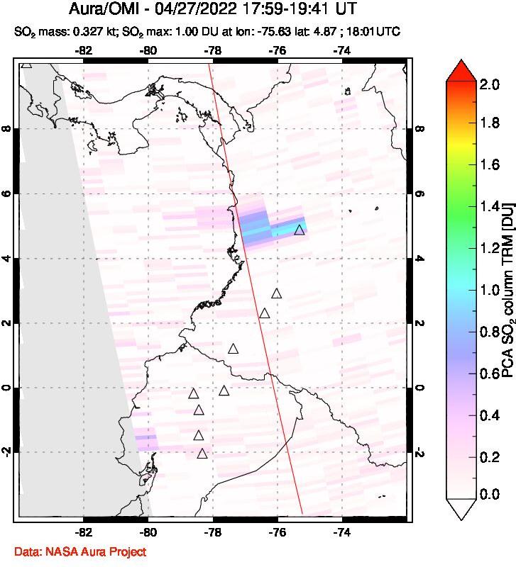 A sulfur dioxide image over Ecuador on Apr 27, 2022.