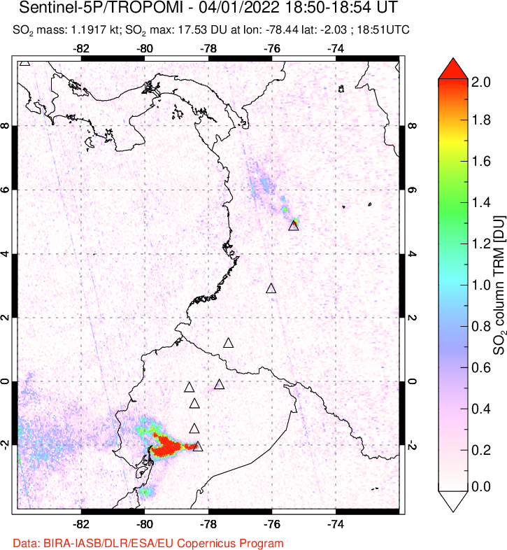 A sulfur dioxide image over Ecuador on Apr 01, 2022.