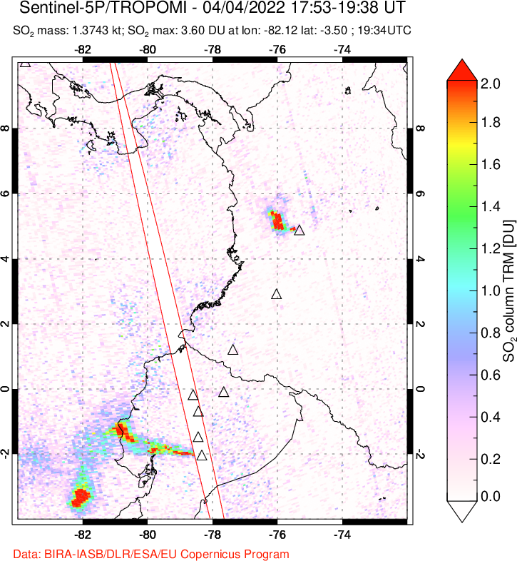 A sulfur dioxide image over Ecuador on Apr 04, 2022.