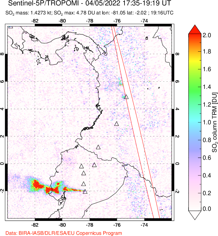 A sulfur dioxide image over Ecuador on Apr 05, 2022.