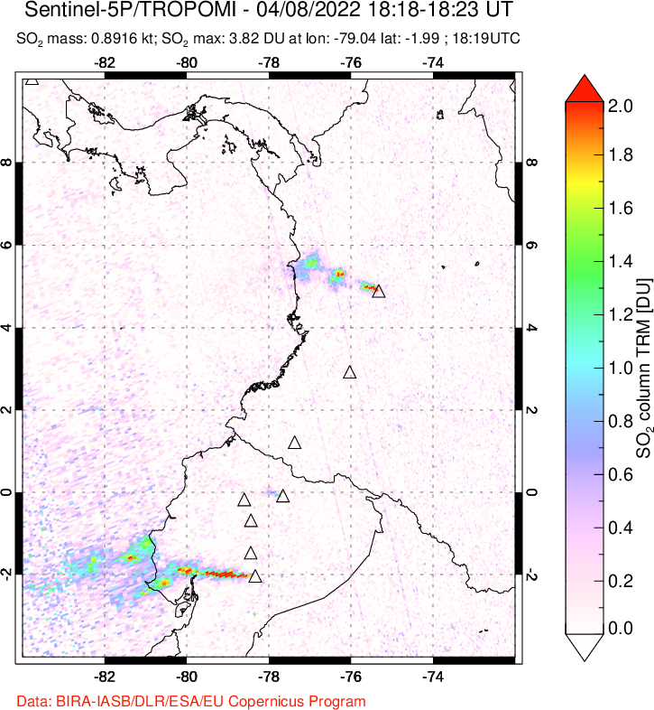 A sulfur dioxide image over Ecuador on Apr 08, 2022.