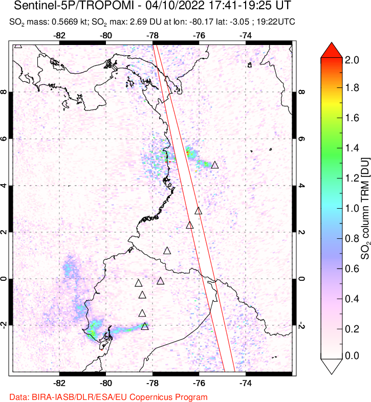A sulfur dioxide image over Ecuador on Apr 10, 2022.