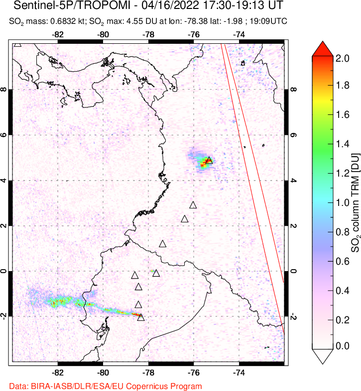 A sulfur dioxide image over Ecuador on Apr 16, 2022.