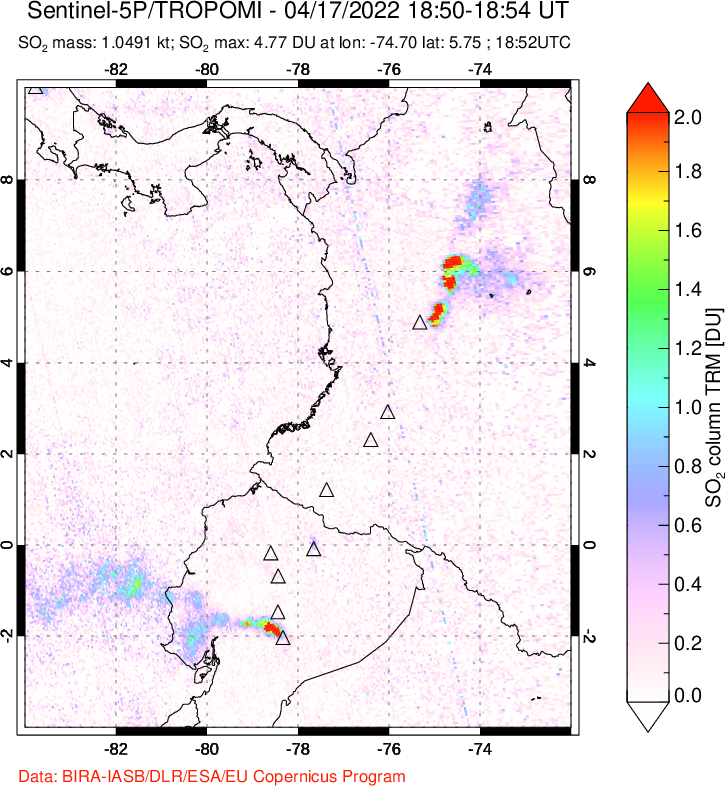 A sulfur dioxide image over Ecuador on Apr 17, 2022.