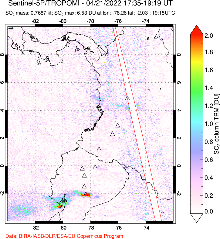 A sulfur dioxide image over Ecuador on Apr 21, 2022.