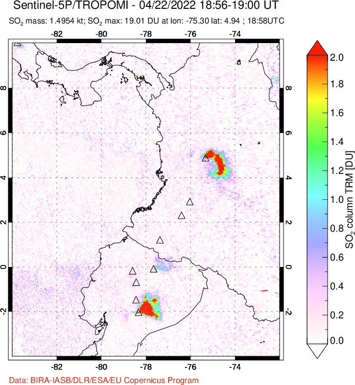 A sulfur dioxide image over Ecuador on Apr 22, 2022.