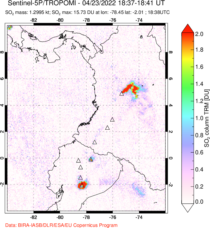 A sulfur dioxide image over Ecuador on Apr 23, 2022.