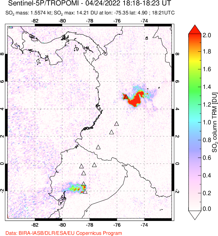 A sulfur dioxide image over Ecuador on Apr 24, 2022.