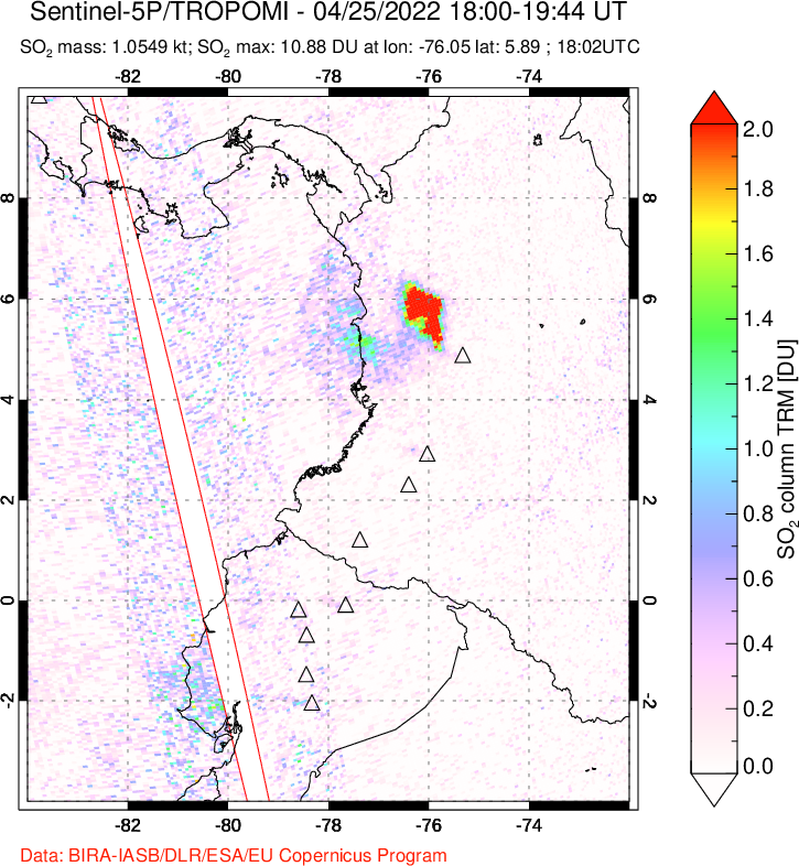 A sulfur dioxide image over Ecuador on Apr 25, 2022.