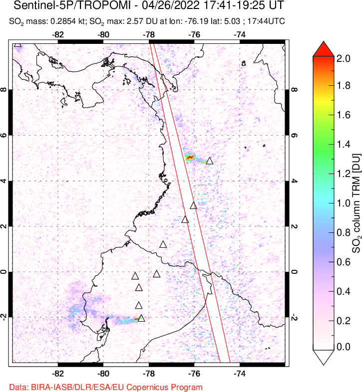 A sulfur dioxide image over Ecuador on Apr 26, 2022.