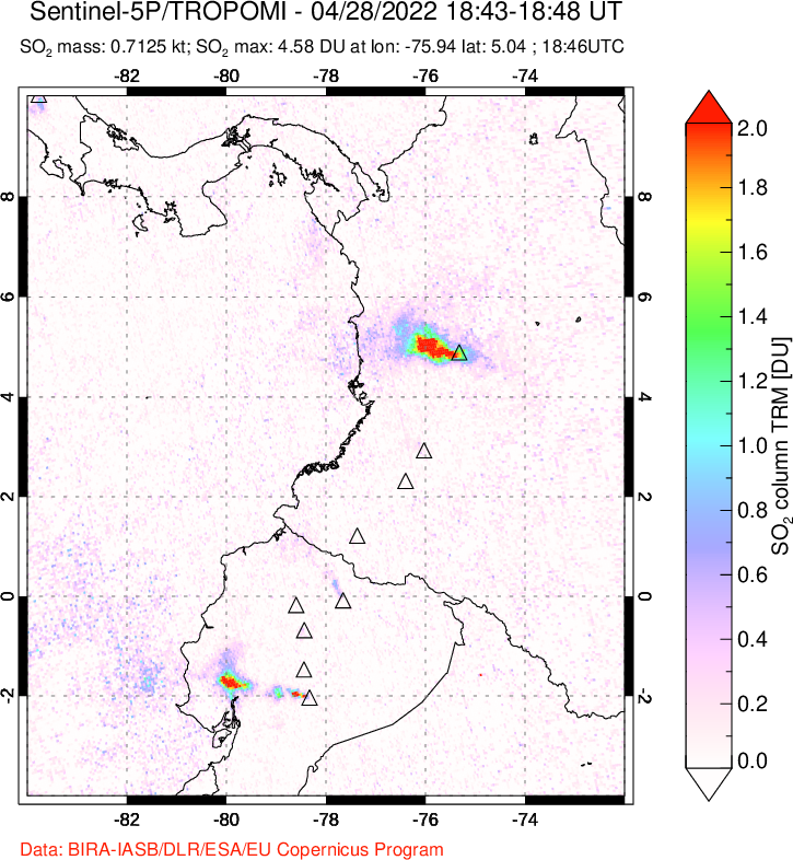 A sulfur dioxide image over Ecuador on Apr 28, 2022.