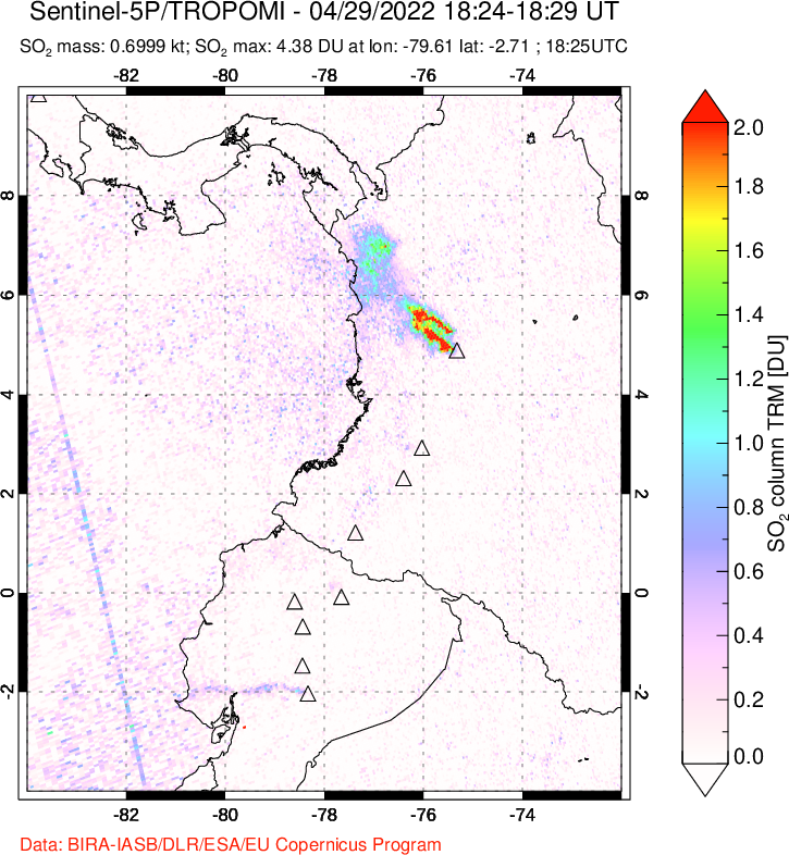 A sulfur dioxide image over Ecuador on Apr 29, 2022.