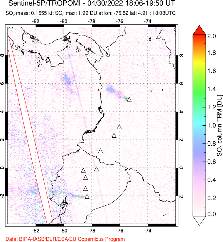 A sulfur dioxide image over Ecuador on Apr 30, 2022.