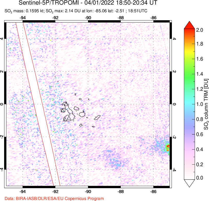 A sulfur dioxide image over Galápagos Islands on Apr 01, 2022.
