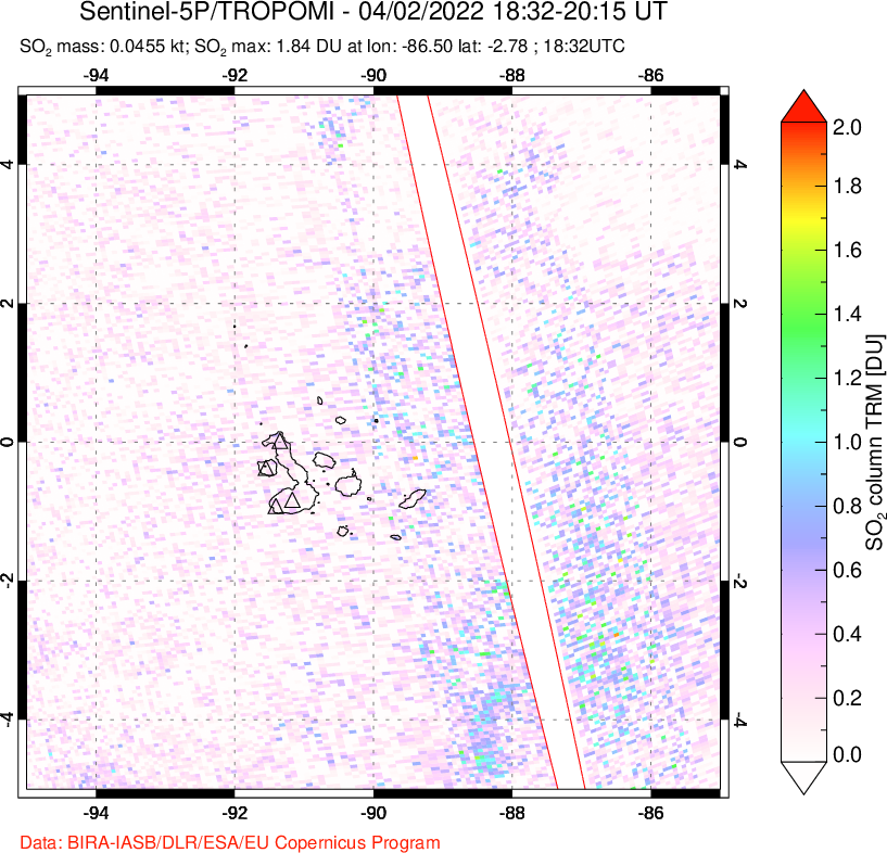 A sulfur dioxide image over Galápagos Islands on Apr 02, 2022.