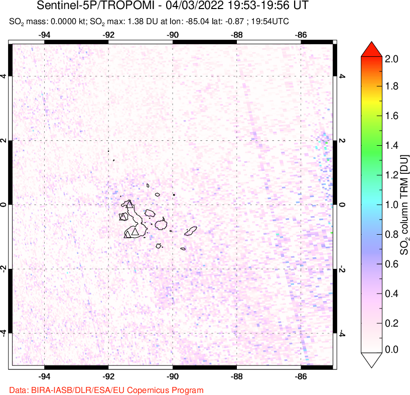 A sulfur dioxide image over Galápagos Islands on Apr 03, 2022.