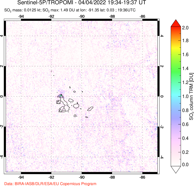 A sulfur dioxide image over Galápagos Islands on Apr 04, 2022.