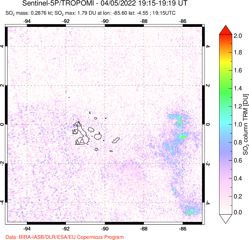 A sulfur dioxide image over Galápagos Islands on Apr 05, 2022.
