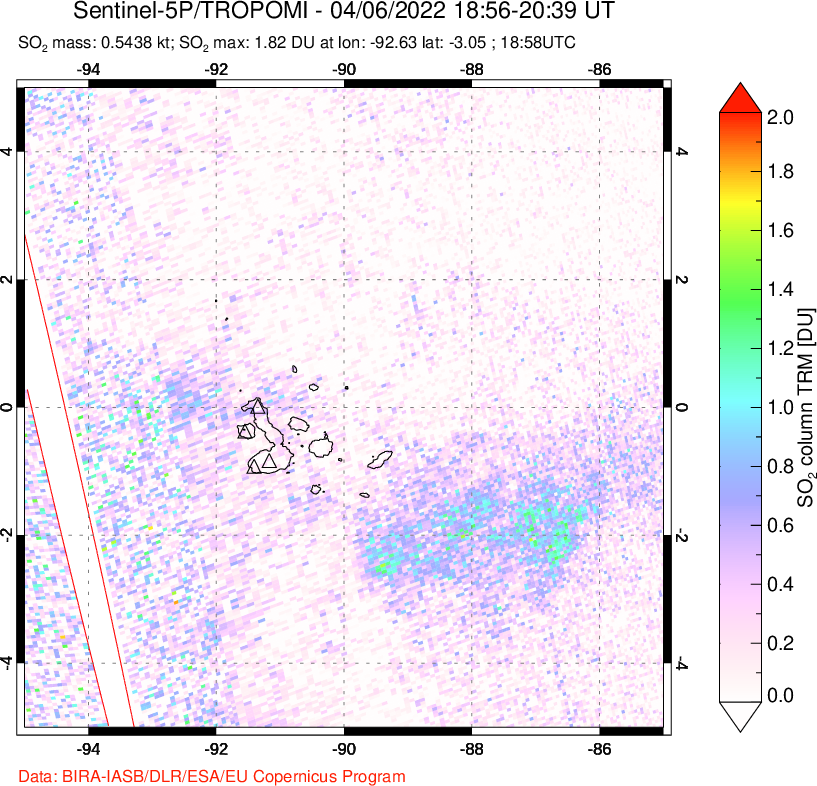 A sulfur dioxide image over Galápagos Islands on Apr 06, 2022.