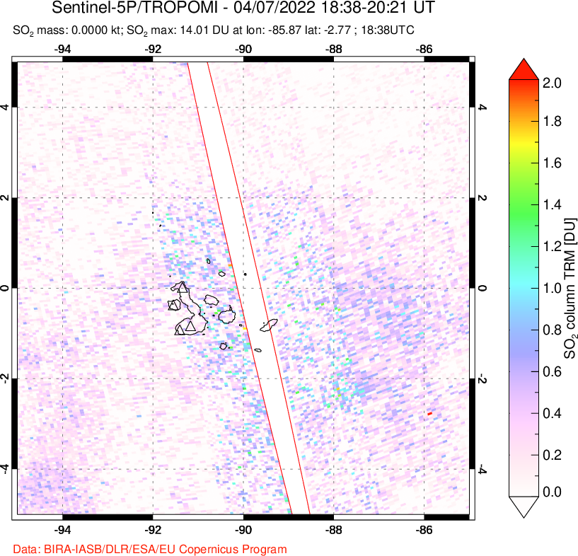 A sulfur dioxide image over Galápagos Islands on Apr 07, 2022.