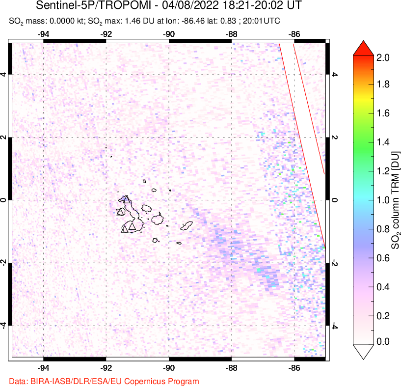 A sulfur dioxide image over Galápagos Islands on Apr 08, 2022.