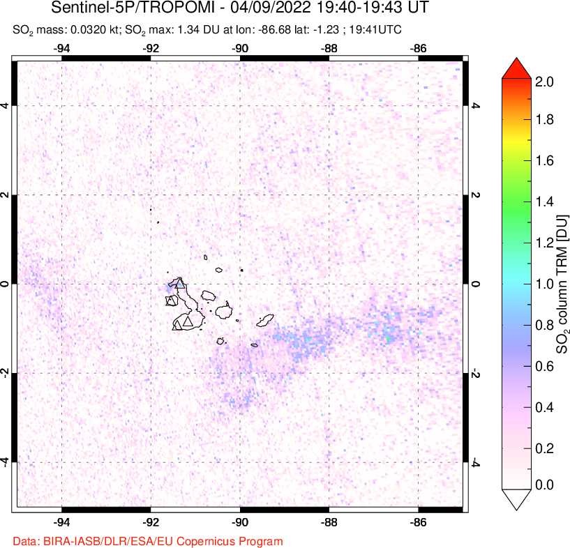 A sulfur dioxide image over Galápagos Islands on Apr 09, 2022.