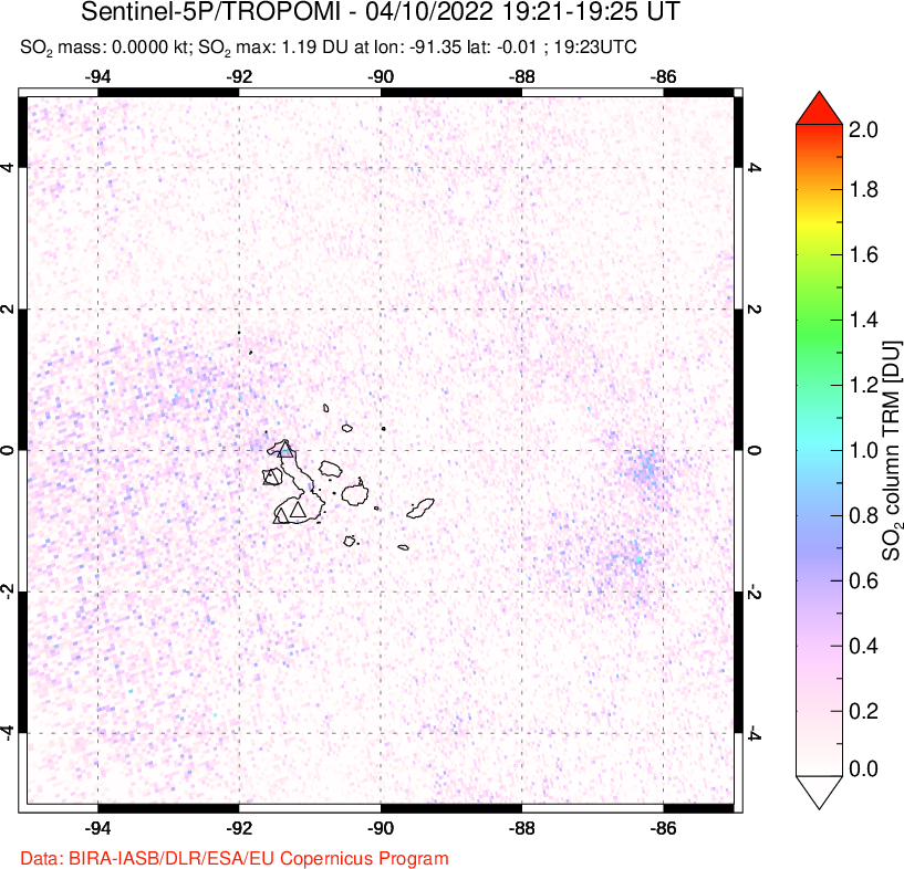 A sulfur dioxide image over Galápagos Islands on Apr 10, 2022.