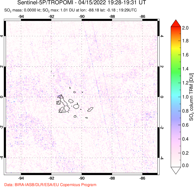 A sulfur dioxide image over Galápagos Islands on Apr 15, 2022.