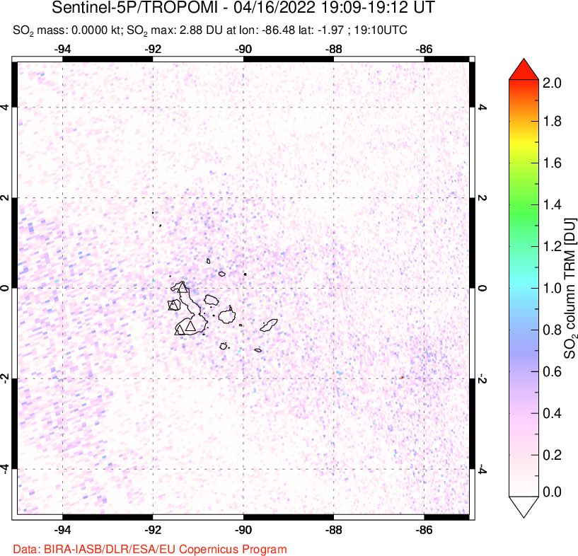 A sulfur dioxide image over Galápagos Islands on Apr 16, 2022.