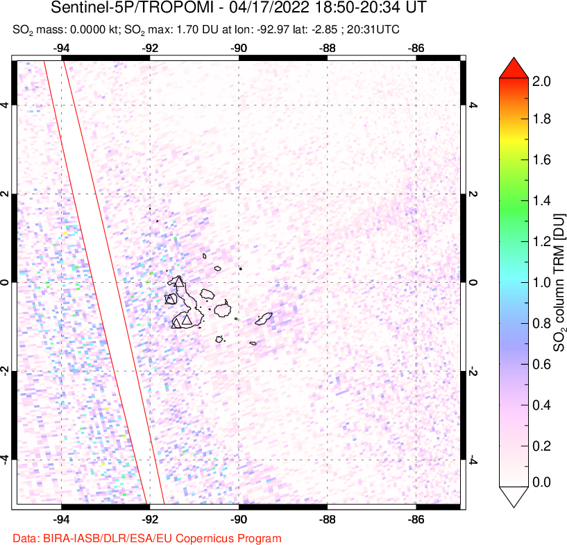 A sulfur dioxide image over Galápagos Islands on Apr 17, 2022.
