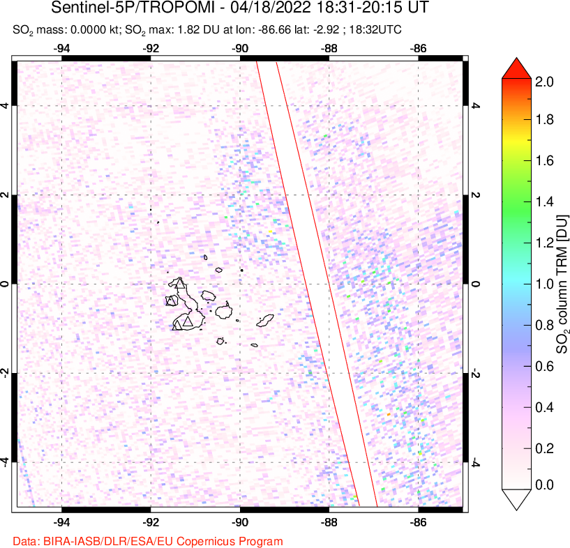 A sulfur dioxide image over Galápagos Islands on Apr 18, 2022.